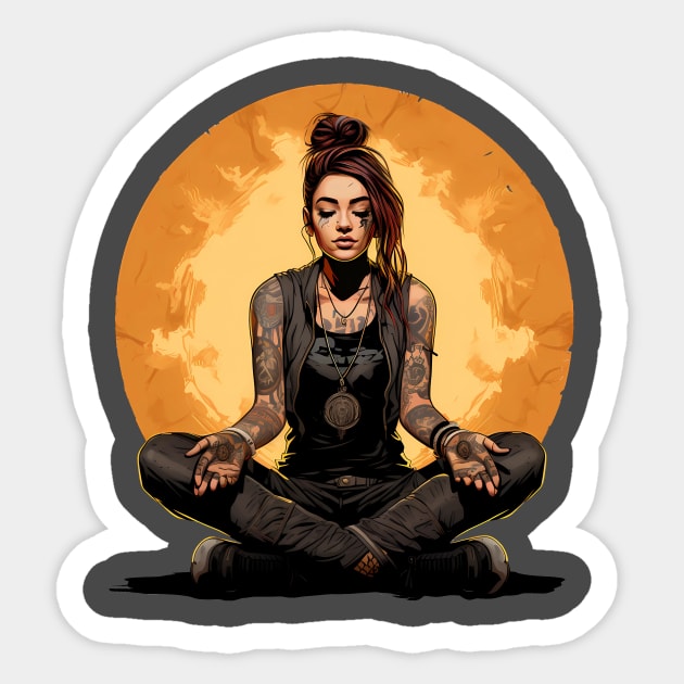 Calm as Hell - Meditating Punk Woman Sticker by Wiscariot Art